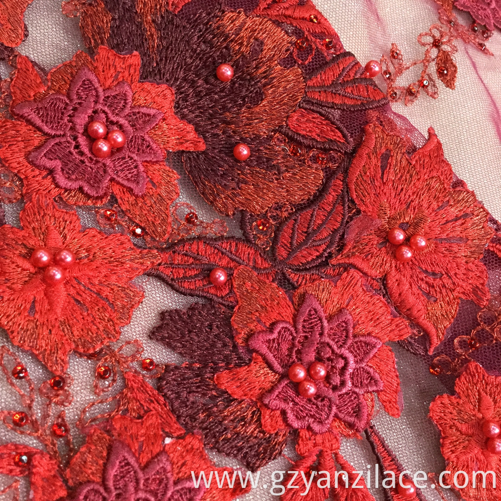 Red Handwork Beaded Embroidery Fabric